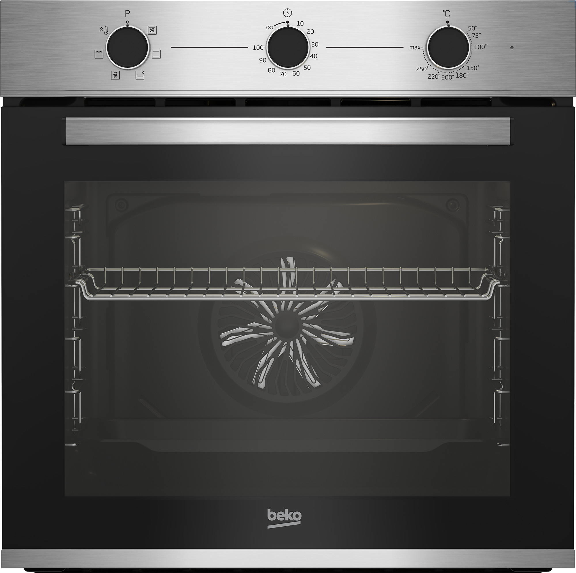 Horno de acero inoxidable con mandos de control y ventilador. Puerta de vidrio con rejilla metálica dentro. Logo Beko.
