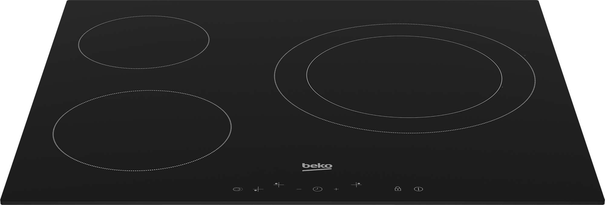 Placa de cocina eléctrica negra con tres quemadores y el logo de beko.