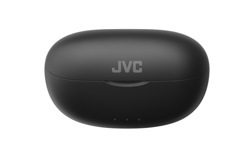Estuche de carga para auriculares JVC negro. El estuche tiene forma redondeada y un logotipo sutil de JVC.