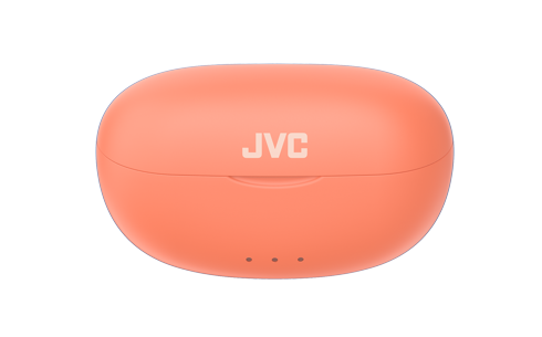 Estuche de auriculares JVC naranja. Vista frontal del estuche.