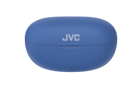 Un estuche de carga azul para auriculares JVC con el logotipo de JVC sobre una superficie clara.