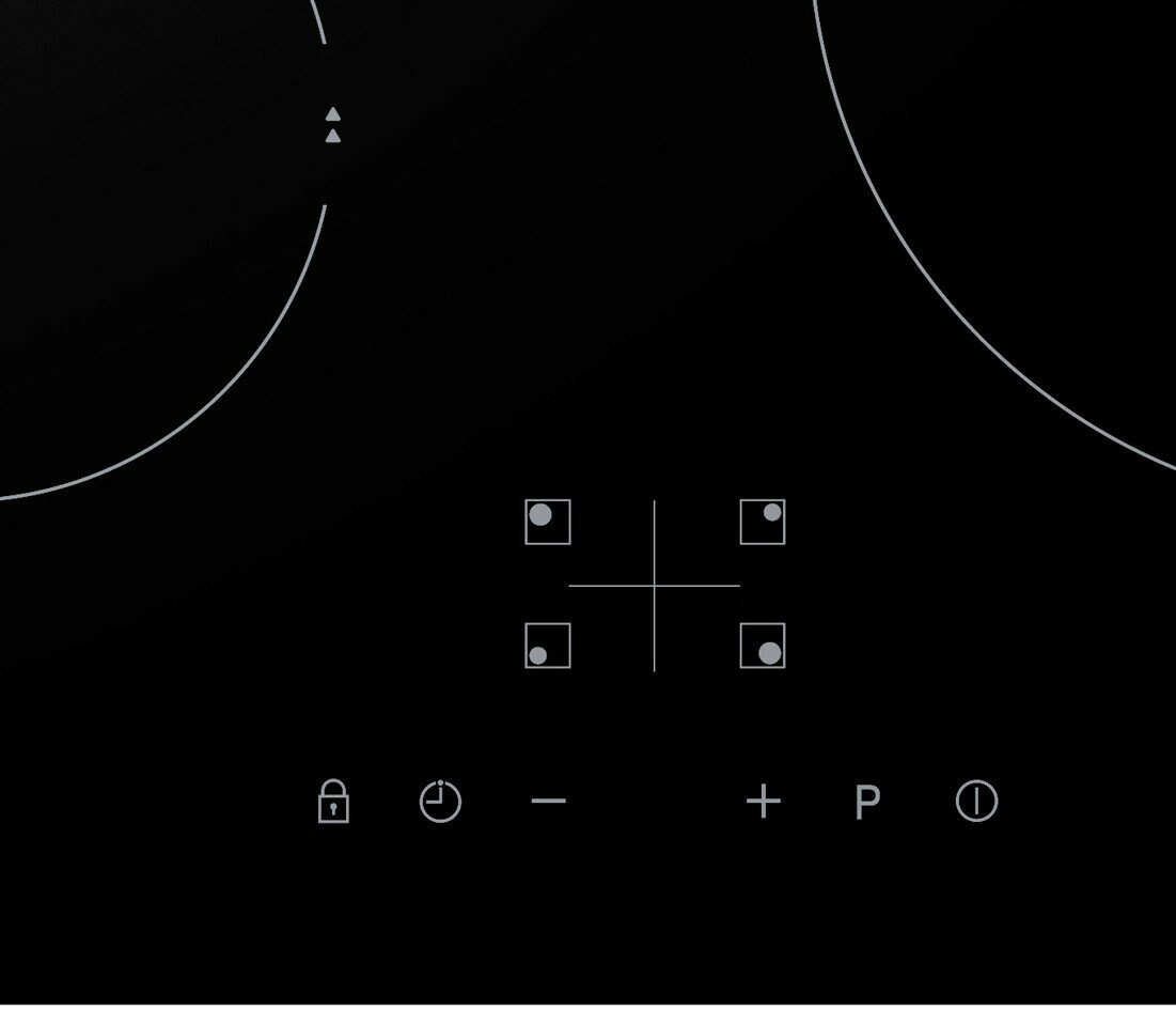 Czarna płyta grzewcza z białymi wskaźnikami i sterowaniem dotykowym. Obecna jest blokada i przycisk zasilania.
