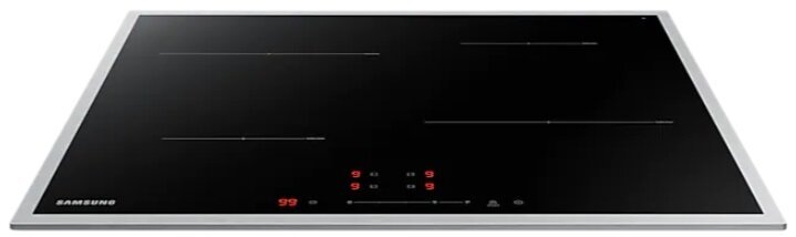 Czarna płyta indukcyjna z czterema palnikami i wyświetlaczem cyfrowym.