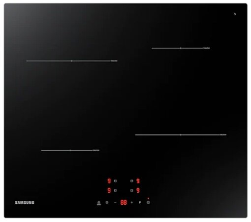 Czarna płyta indukcyjna z czterema strefami gotowania i wyświetlaczem cyfrowym.