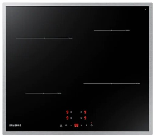 Czarna płyta grzewcza ze szkła z czterema palnikami i wyświetlaczami cyfrowymi.