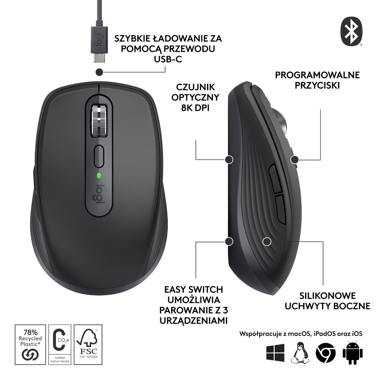 Czarna mysz Logitech z bocznymi przyciskami i kółkiem. Pokazuje ikony. Białe tło. Widok z boku.