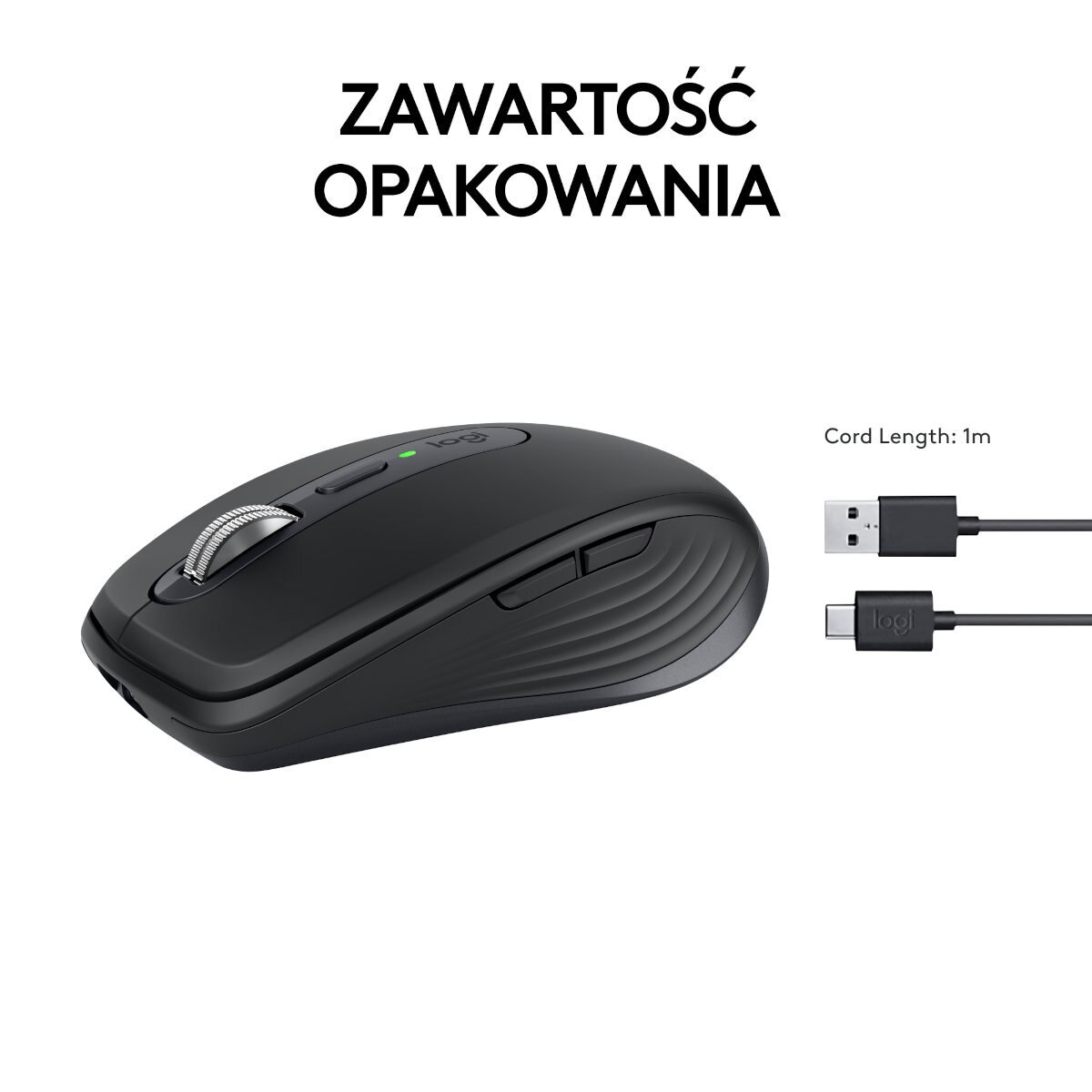 Czarna mysz bezprzewodowa, kabel USB-A i USB-C, z tekstem: ZAWARTOSC OPAKOWANIA.