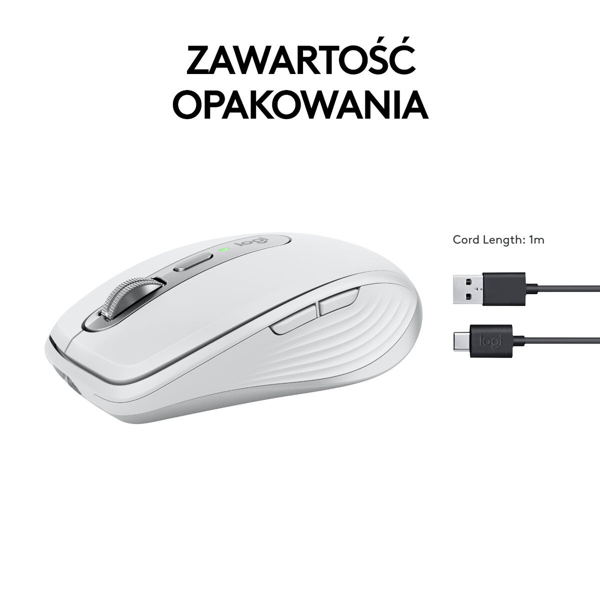 Biała mysz Logitech i kabel do ładowania. Tekst: ZAWARTOŚĆ OPAKOWANIA. Długość kabla: 1m.