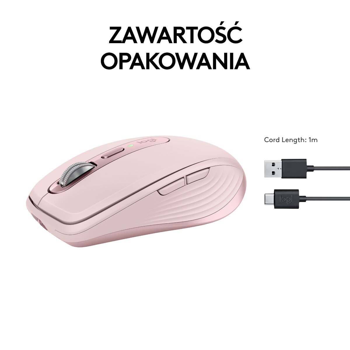 Różowa mysz bezprzewodowa, kabel USB i kabel USB-C z tekstem 'Zawartość opakowania'.