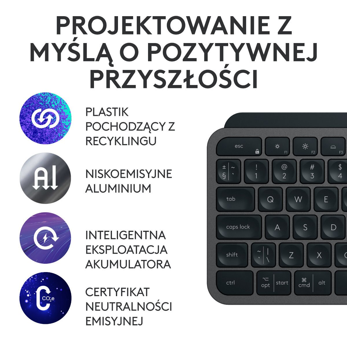 Czarna klawiatura obok tekstu o plastiku z recyklingu, niskoemisyjnym aluminium itp.