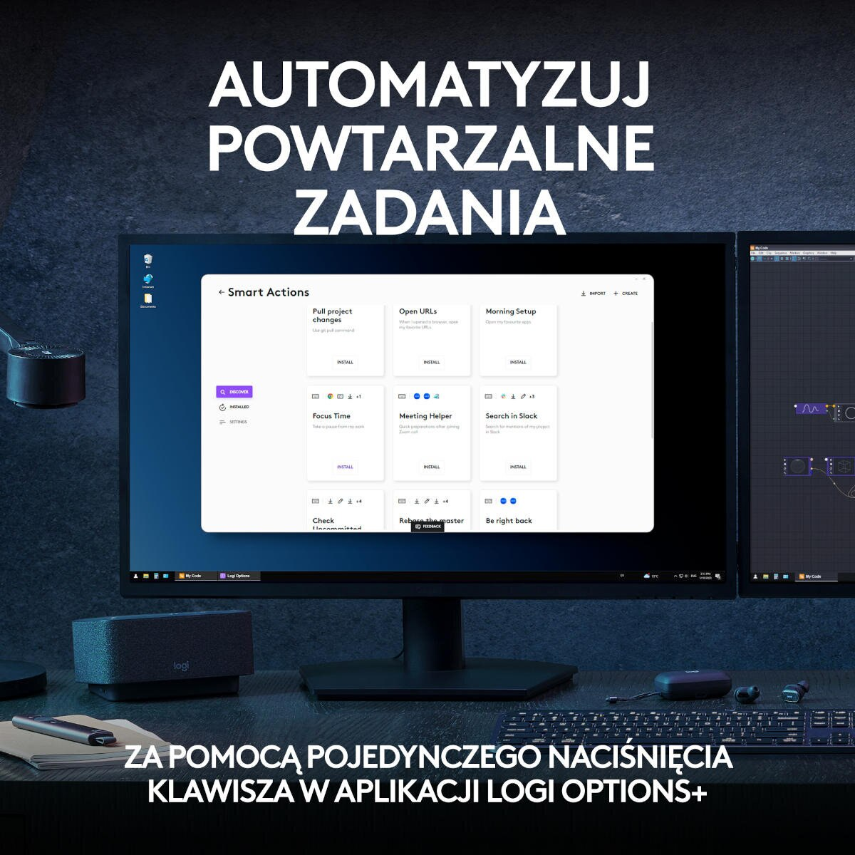 Monitor z czarnym głośnikiem i klawiaturą. Tekst: Automatyzuj powtarzalne zadania.