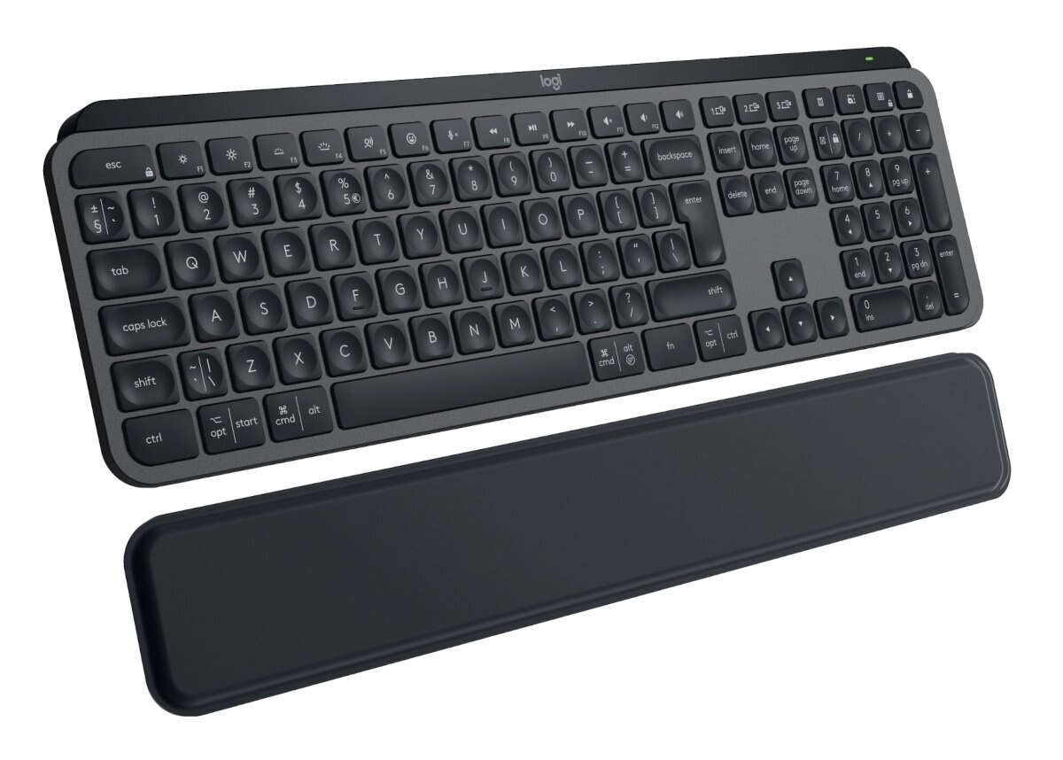 Ciemnoszara klawiatura Logitech z czarną podpórką pod nadgarstek.
