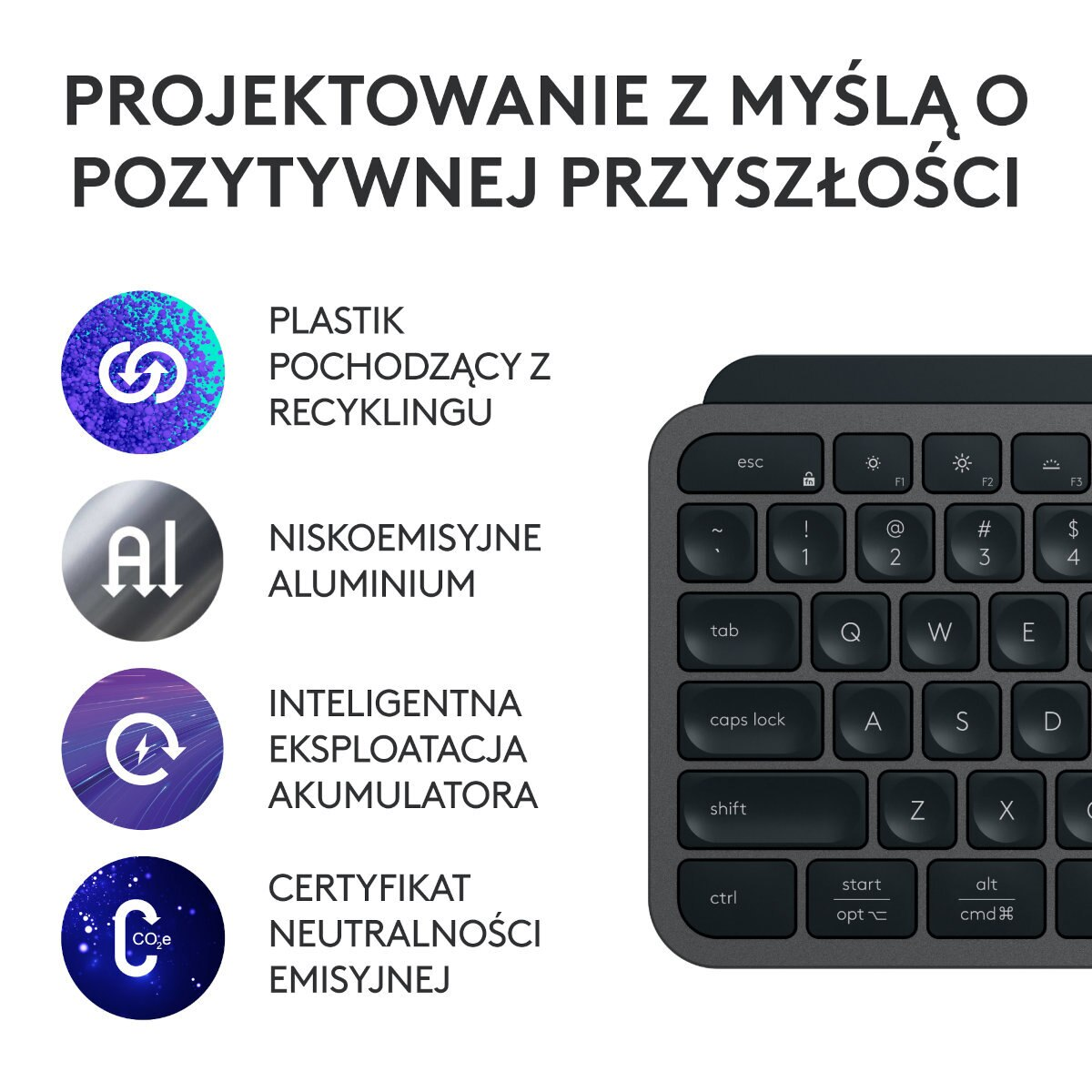 Klawiatura Logitech z tekstem o zrównoważonym rozwoju: plastik z recyklingu, aluminium itp.