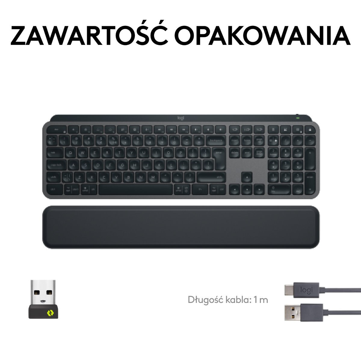 Klawiatura, podpórka pod nadgarstek i odbiornik USB na białym tle. Zawiera kabel.