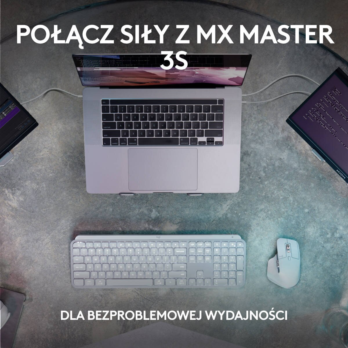 Widok z góry na laptopa, klawiaturę i mysz, z tekstem: 'Połącz siły z MX Master 3S'.
