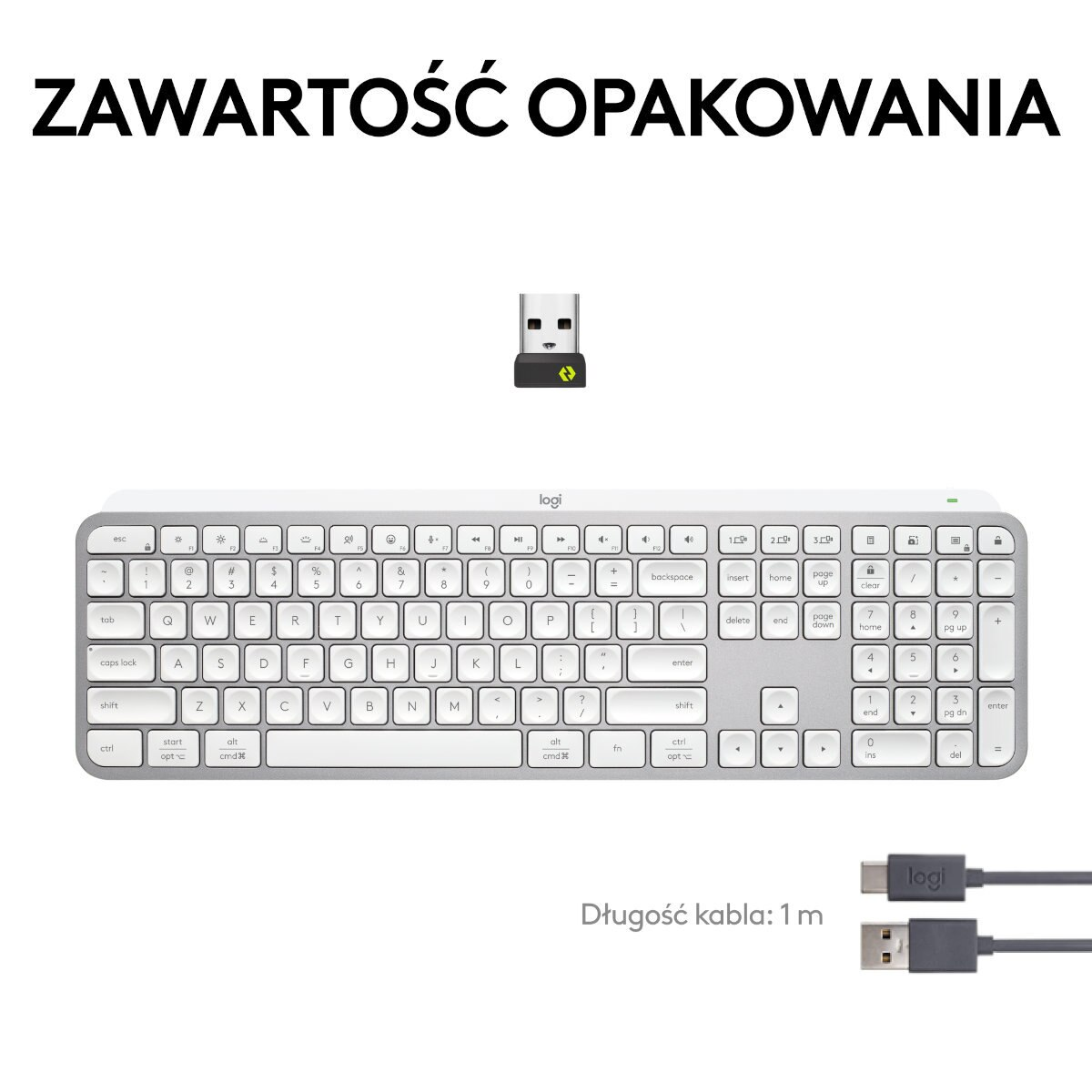 Klawiatura z odbiornikiem USB i kablem ładującym.