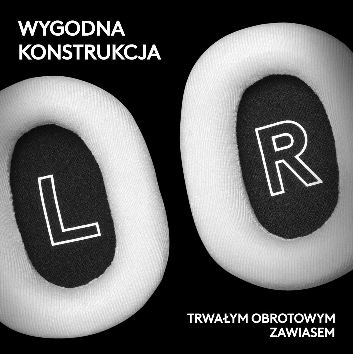 Białe słuchawki z literami 'L' i 'R' na nausznikach, na czarnym tle.