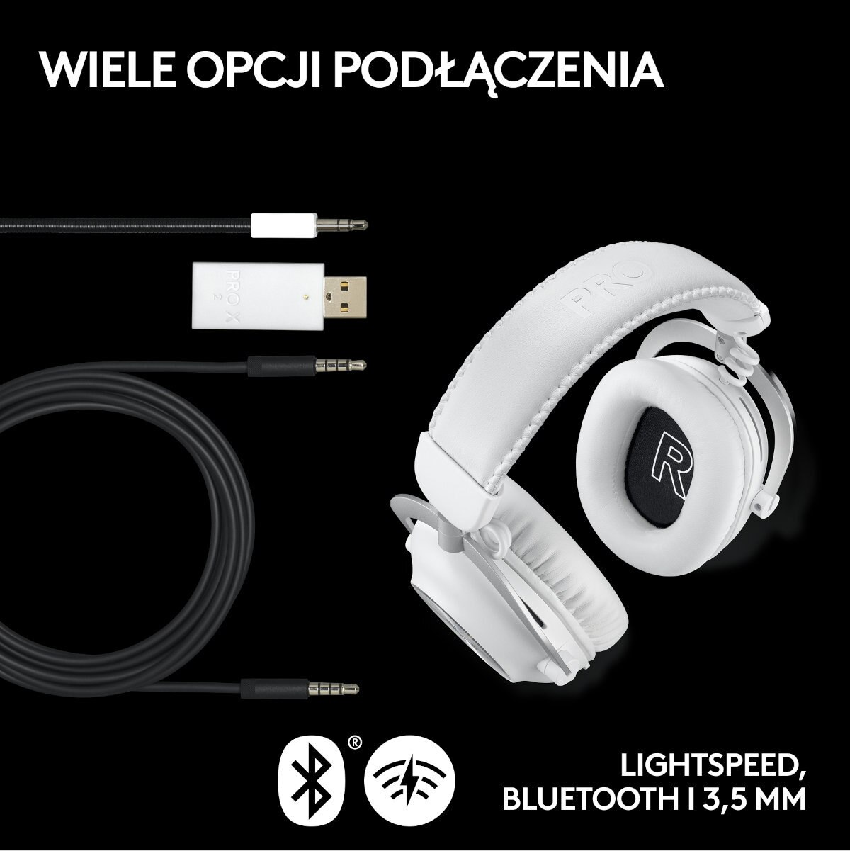 Białe słuchawki, kable i ikony Bluetooth. Czarne tło z tekstem.