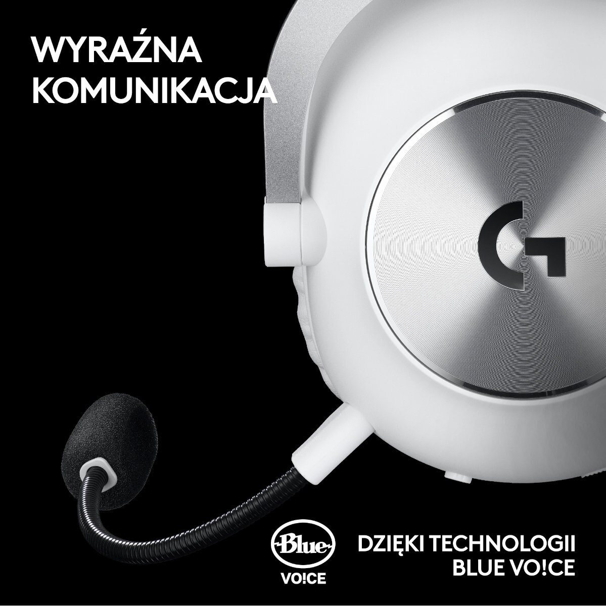 Biały zestaw słuchawkowy do gier z mikrofonem, tekst: wyraźna komunikacja.