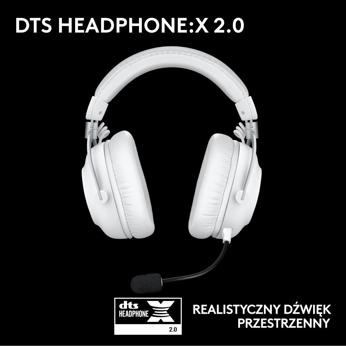 Białe słuchawki z mikrofonem, czarne tło, tekst: DTS HEADPHONE:X 2.0.