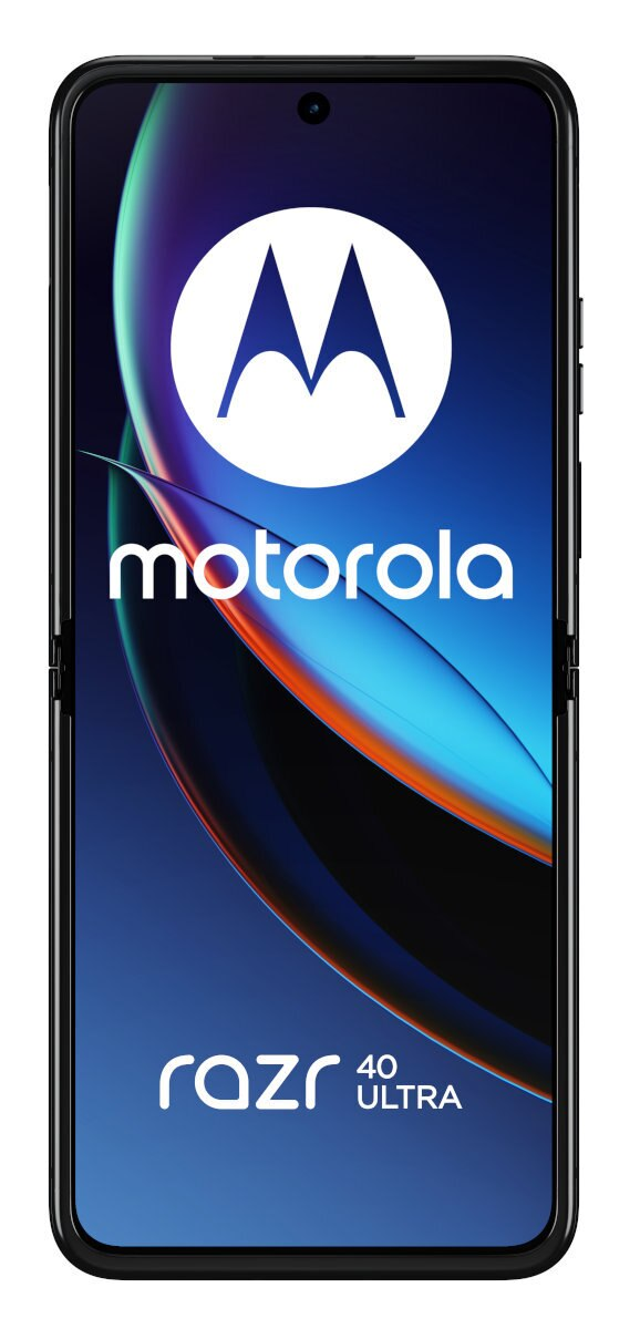 Telefon Motorola Razr 40 Ultra na białym tle. Telefon jest czarny, otwarty, z niebiesko-białym ekranem.