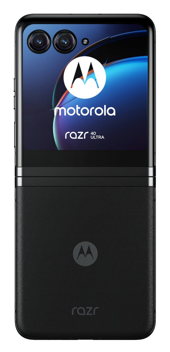 Czarny składany telefon, pokazujący ekran z logo Motorola Razr.