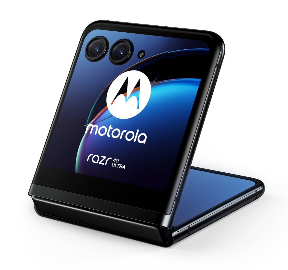 Czarny telefon Motorola Razr 40 Ultra jest otwarty, pokazując ekran. Logo jest widoczne.