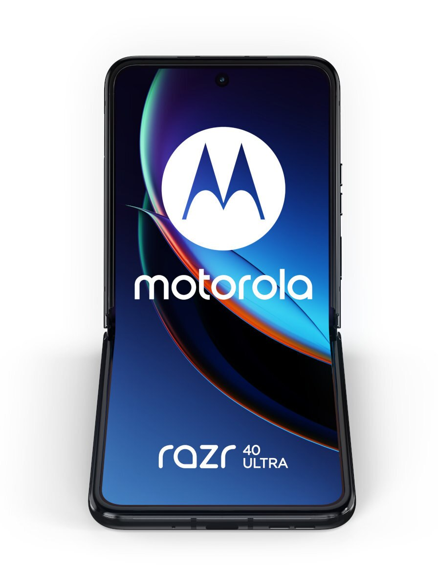 Zamknięty telefon Motorola Razr 40 Ultra. Ekran wyświetla logo Motorola.