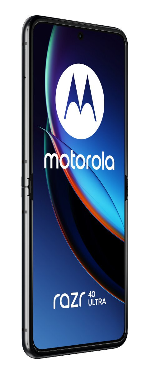 Czarny smartfon Motorola Razr 40 Ultra, z włączonym ekranem, na białym tle.