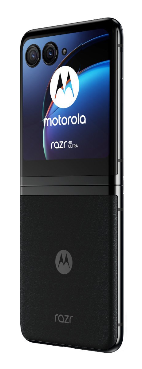 Telefon Motorola Razr 40 Ultra, czarny, złożony, z widocznym aparatem i ekranem.
