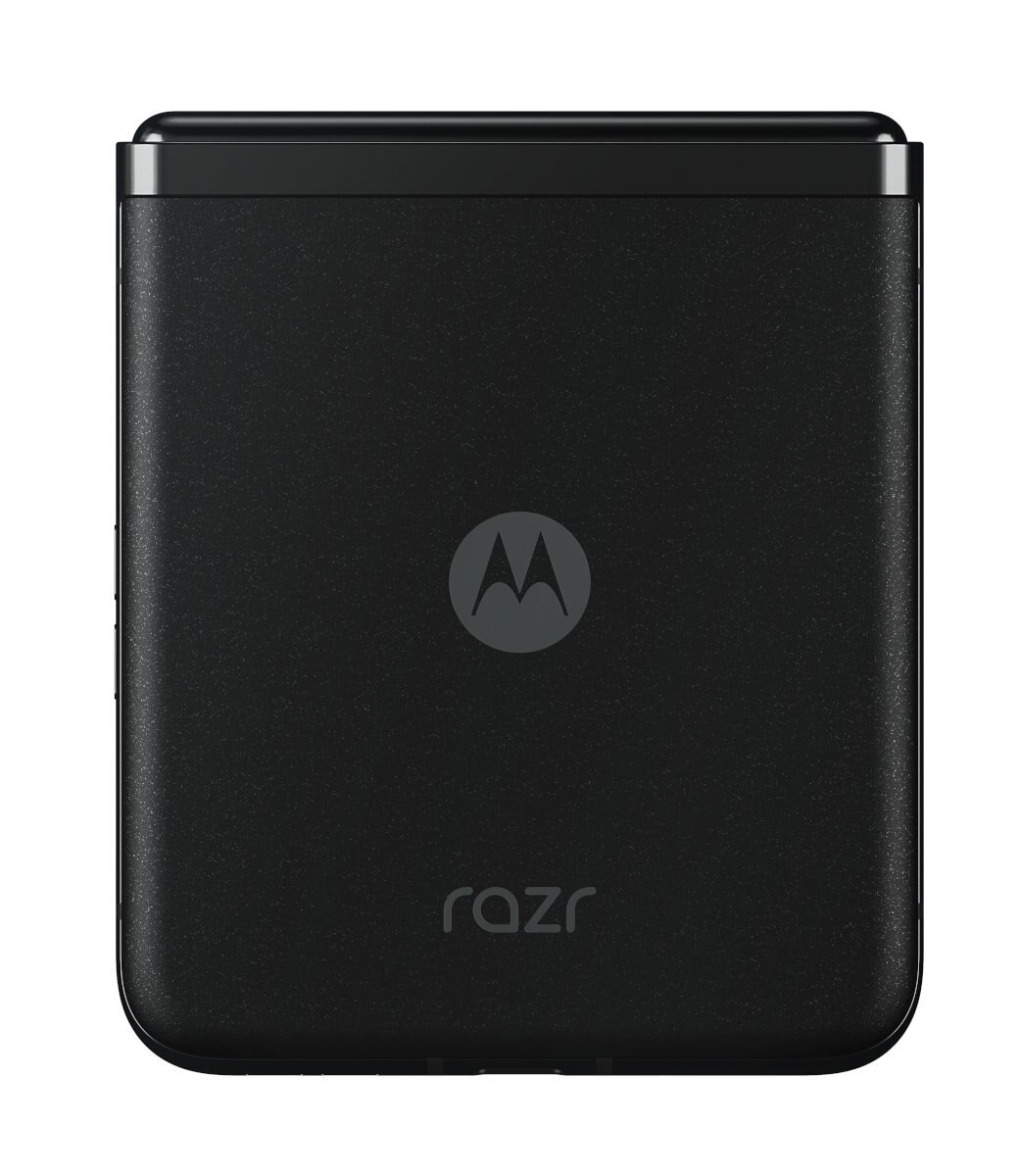 Czarny telefon Motorola Razr. Logo Motorola jest widoczne. Białe tło.