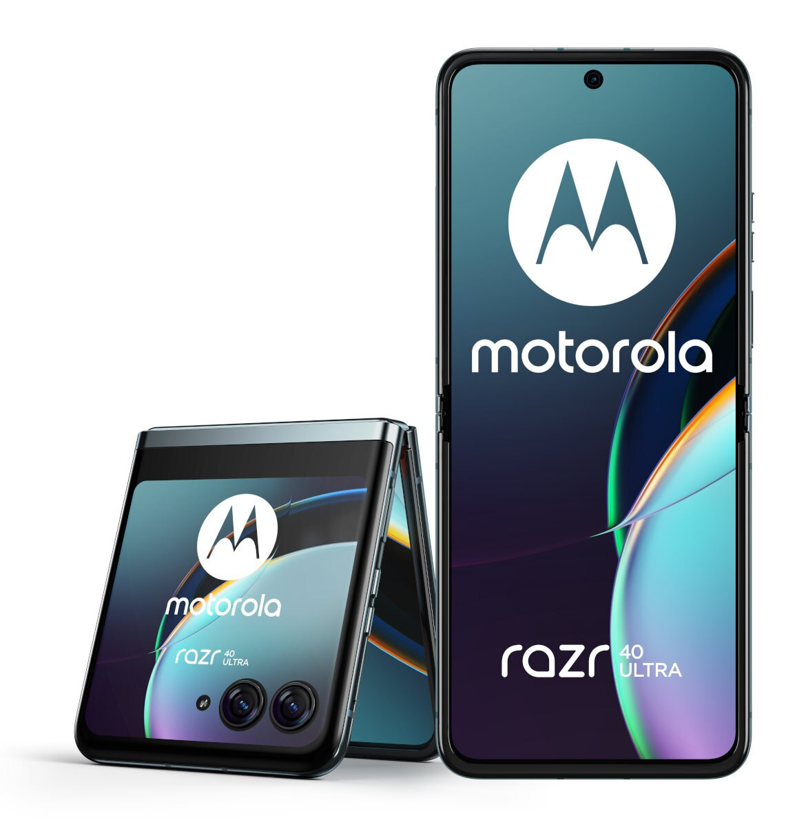 Dwa składane telefony Motorola Razr 40 Ultra. Jeden otwarty, drugi zamknięty. Białe tło.