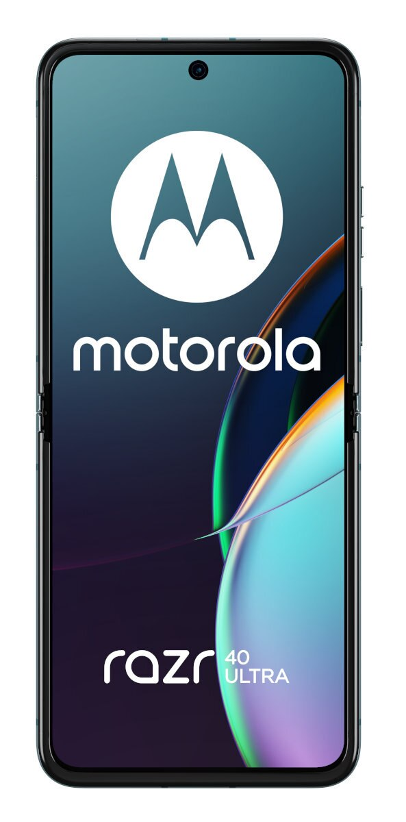 Składany telefon Motorola Razr 40 Ultra, otwarty, z ekranem. Telefon ma czarną ramkę i logo.