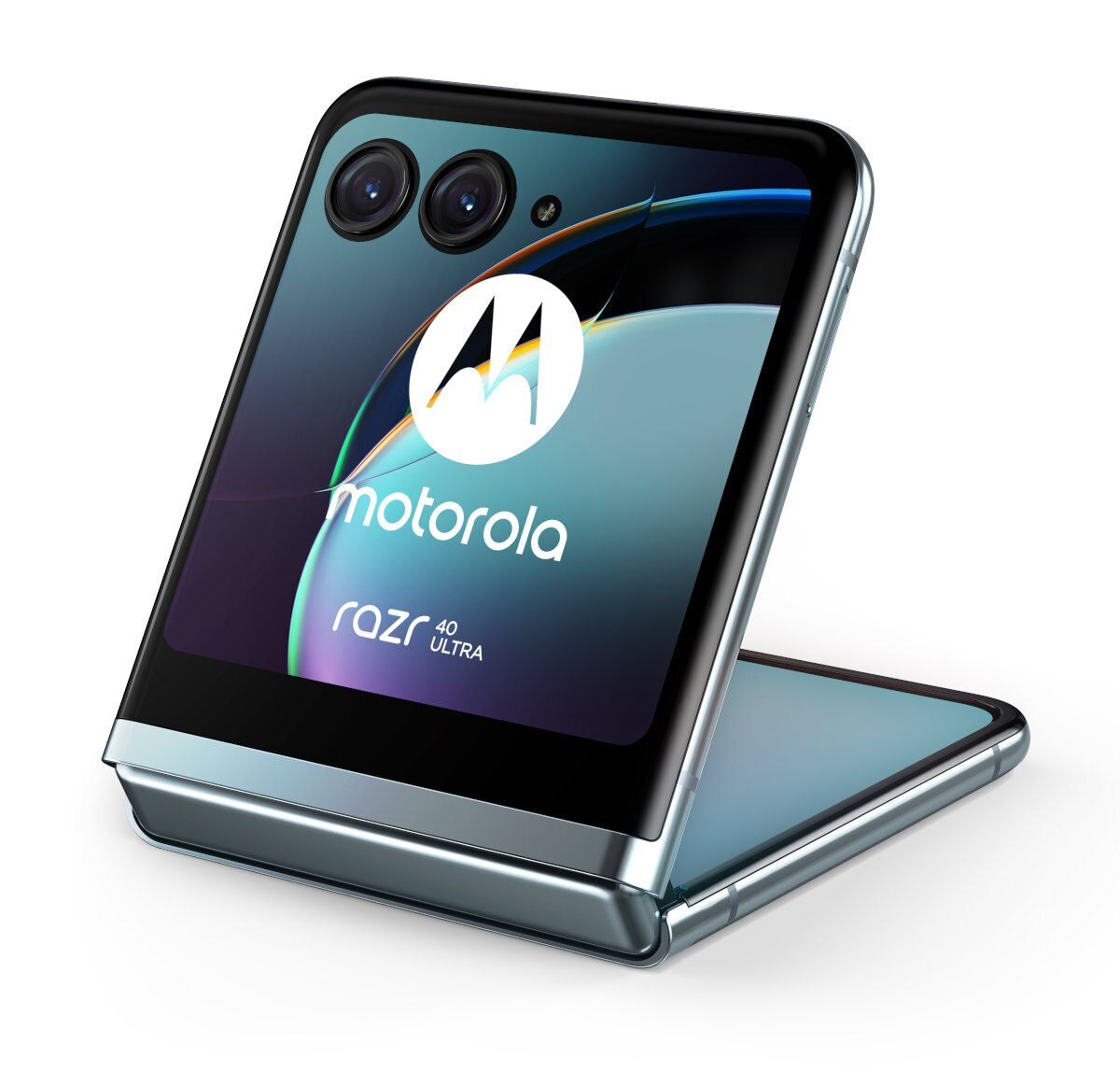 Srebrny telefon Motorola Razr 40 Ultra, częściowo otwarty.