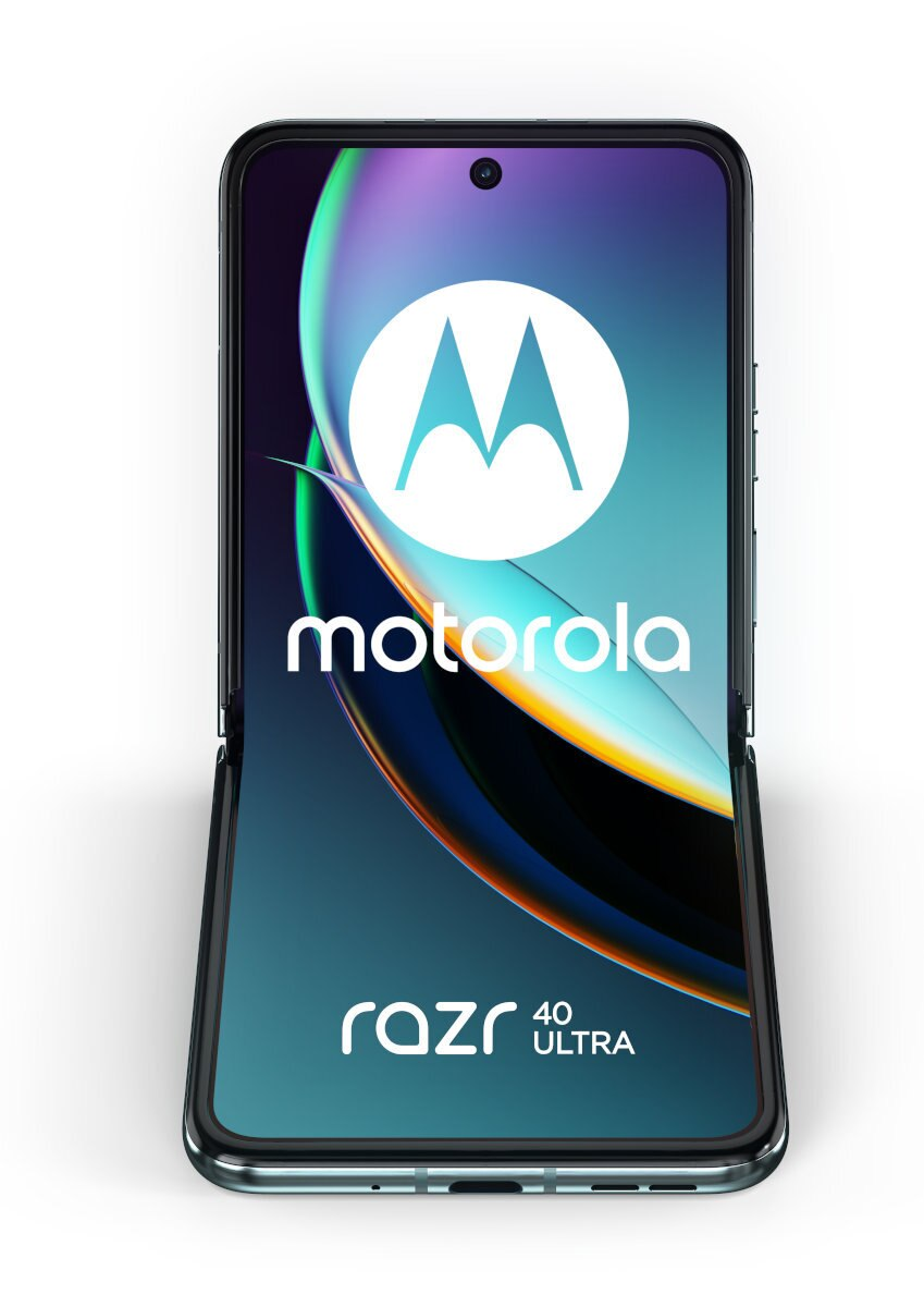 Motorola Razr 40 Ultra, czarny, otwarty, z logo na ekranie.