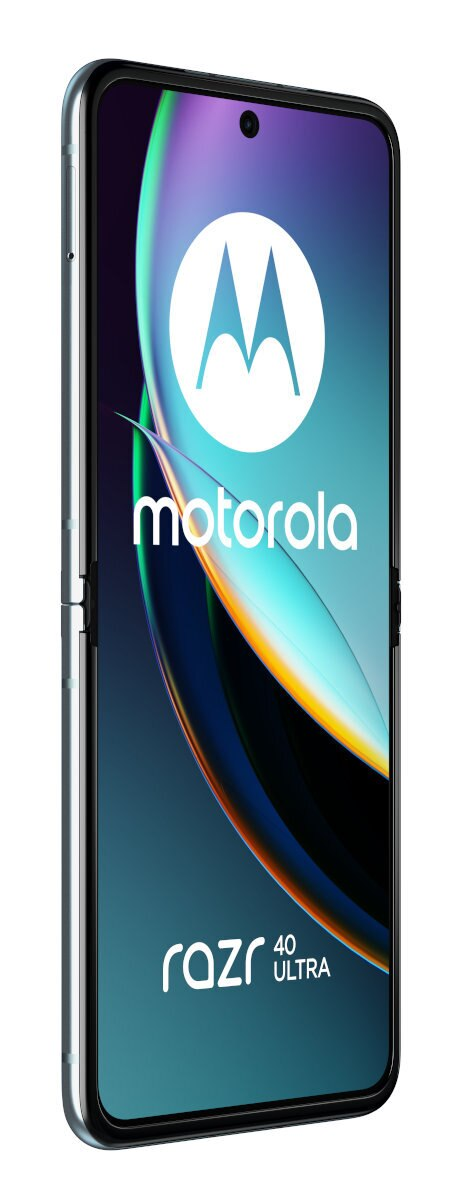 Czarny i srebrny smartfon Motorola Razr 40 Ultra, pokazany pod kątem na białym tle.