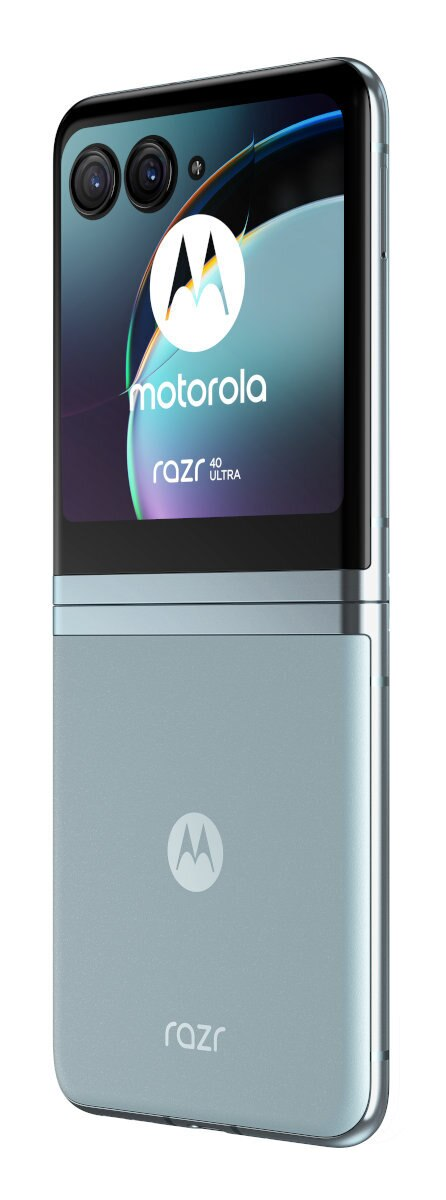Telefon Motorola Razr 40 Ultra, zamknięty i pod kątem. Kolor niebieski.