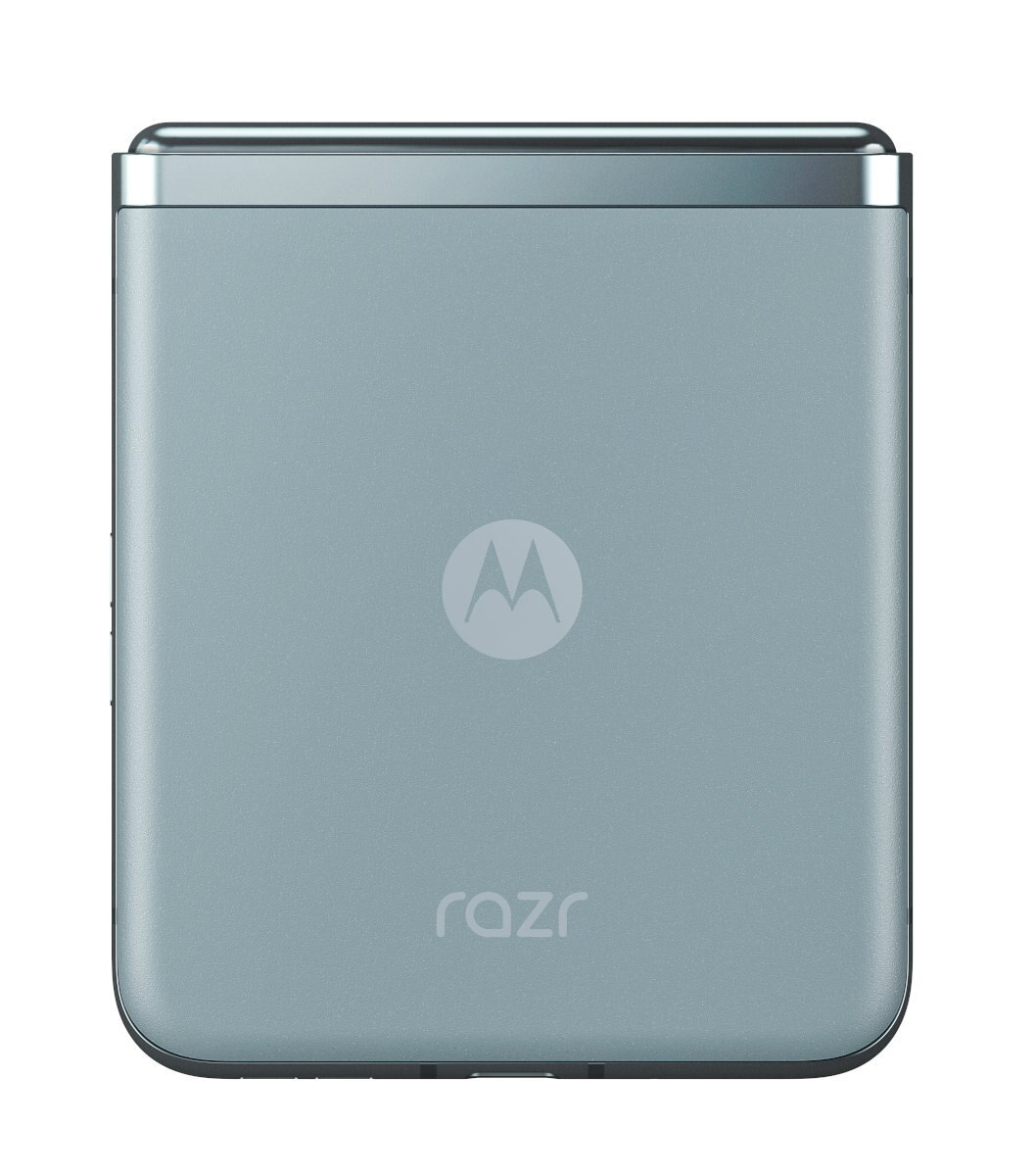 Zamknięty, niebieski telefon Motorola Razr, pokazujący tył z logo i tekstem Razr.