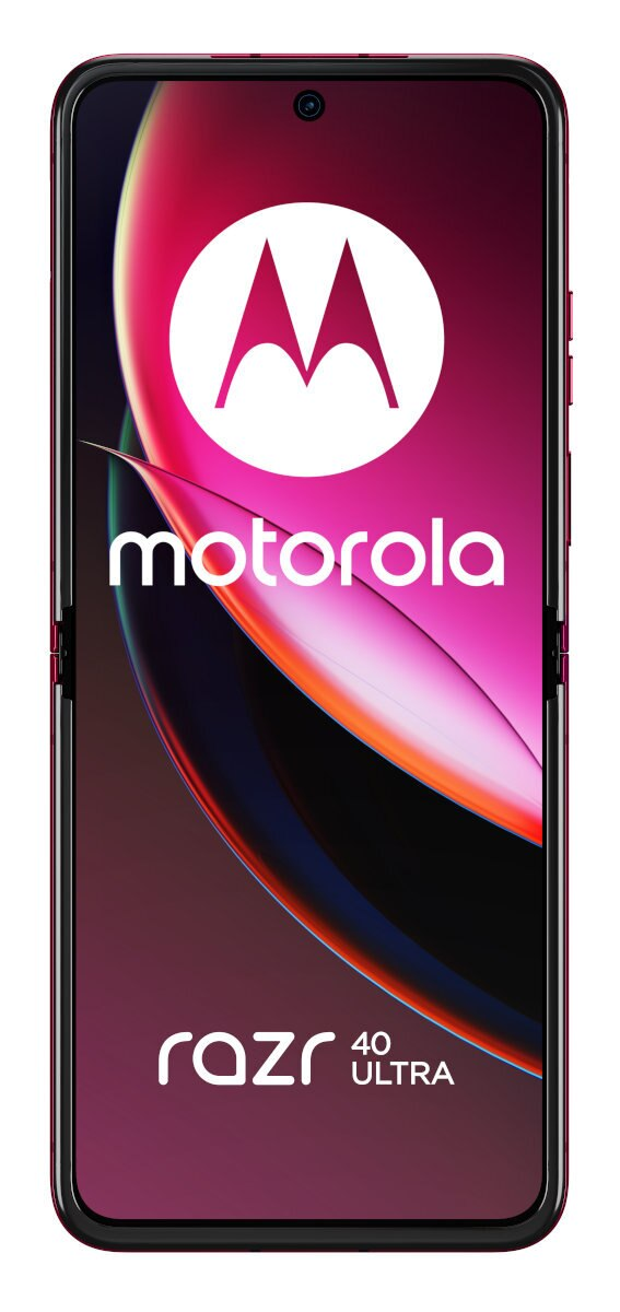 Motorola Razr 40 Ultra, otwarty, ekran w kolorze magenta i czarnym, białe tło.