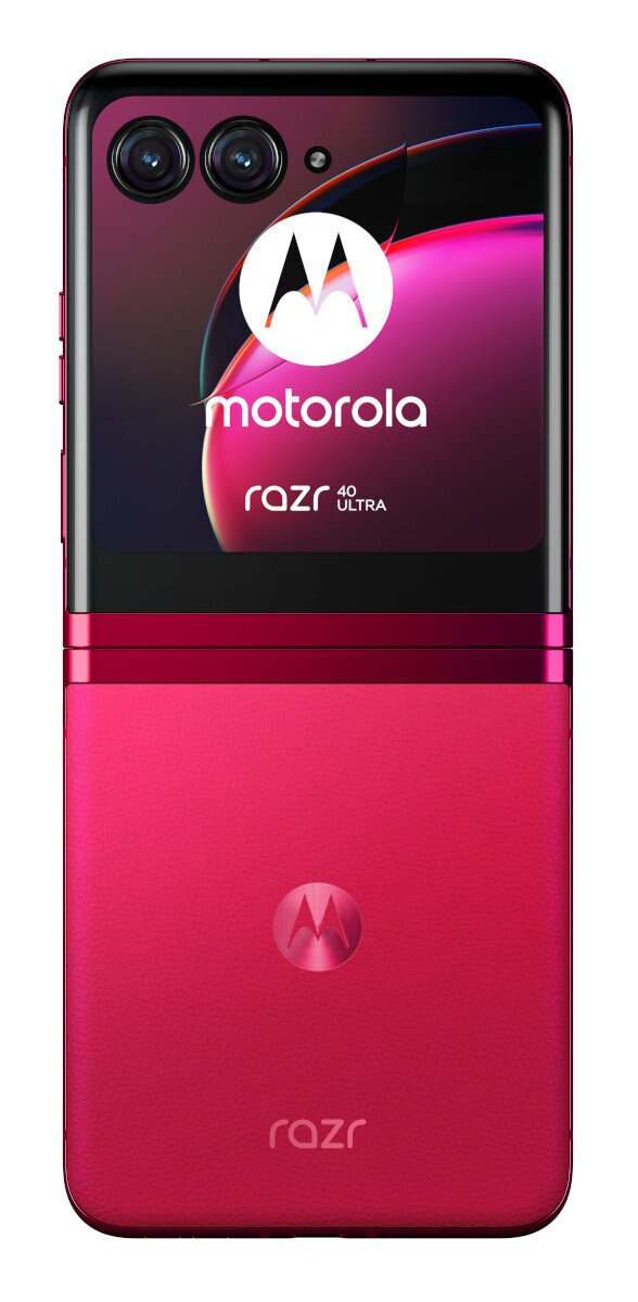 Różowy telefon Motorola Razr 40 Ultra, złożony. Telefon znajduje się na białym tle.