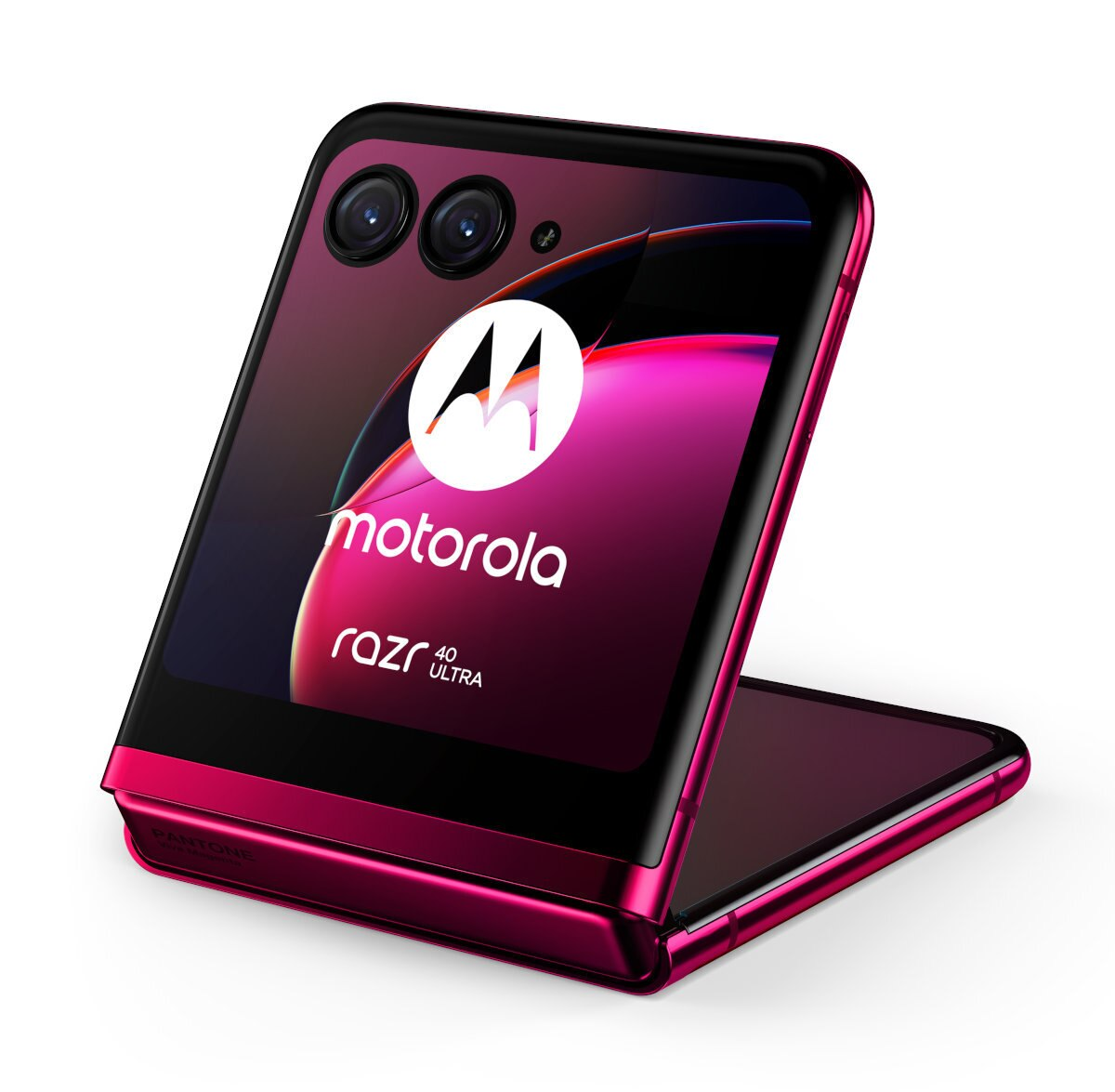 Różowy telefon Motorola Razr 40 Ultra, złożony, z aparatem, białe tło.