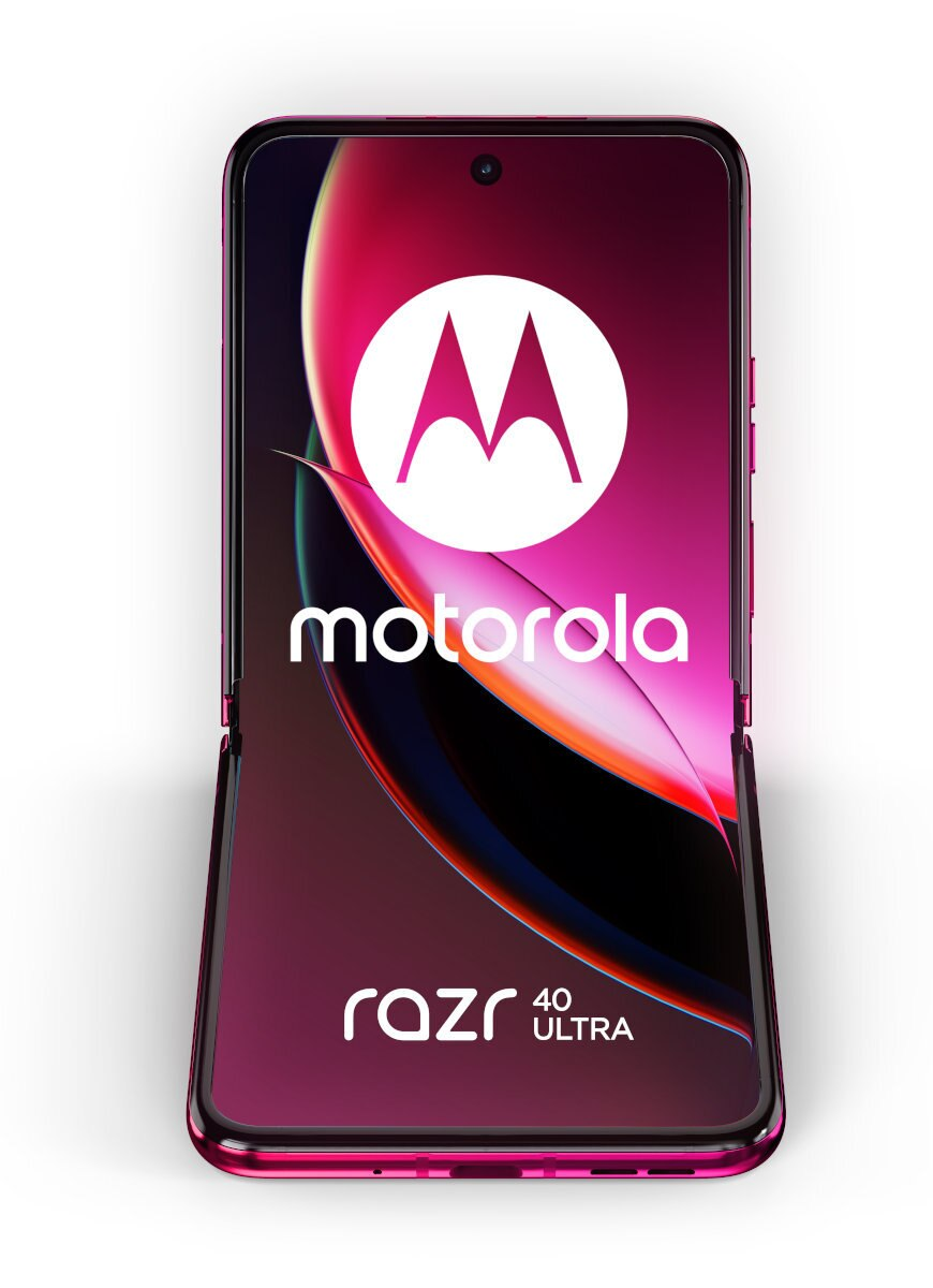 Złożony różowy telefon Motorola Razr 40 Ultra. Telefon jest pokazany otwarty na białym tle.