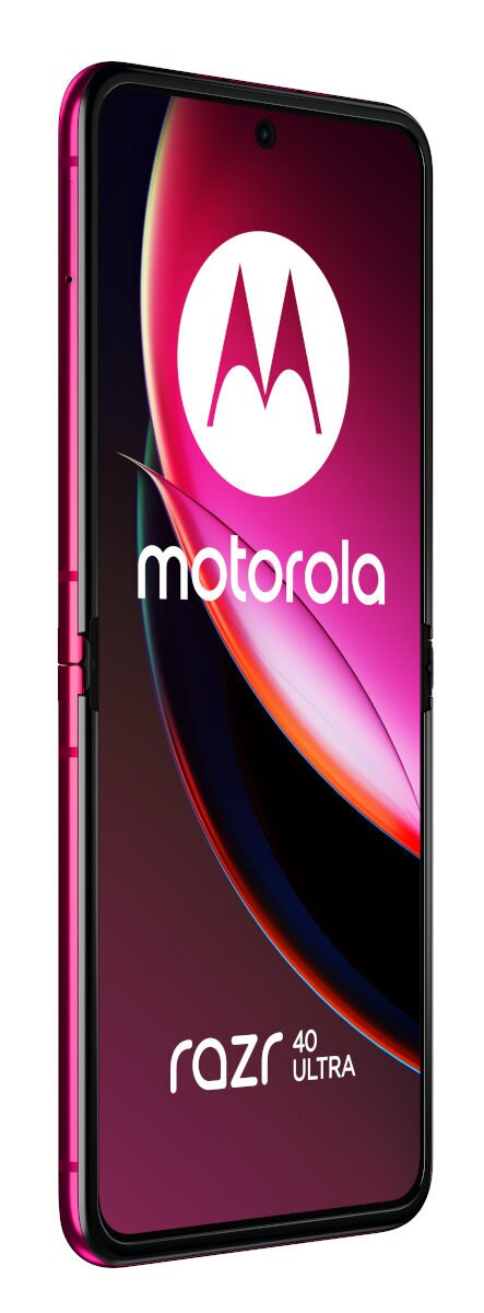 Smartfon Motorola Razr 40 Ultra, różowa ramka, zamknięty, wyświetlający logo Motorola.