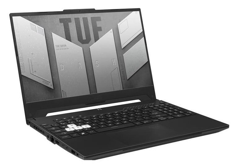 Czarny laptop otwarty na białej powierzchni. Ekran z szarą grafiką.