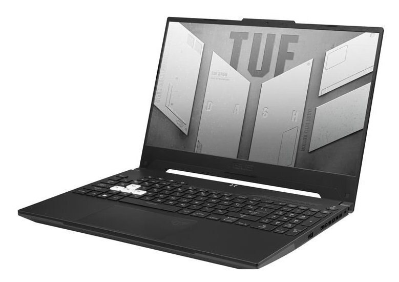 Czarny laptop ASUS TUF, otwarty, z klawiaturą i ekranem z grafiką, białe tło.