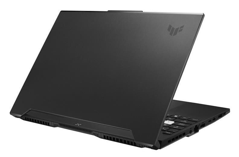 Czarny laptop z widoczną tylną stroną. Logo ASUS TUF znajduje się z tyłu. Klawiatura jest widoczna.