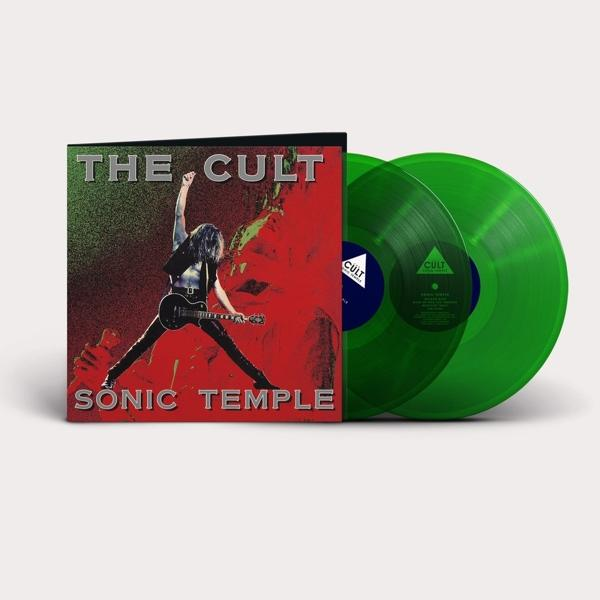 Vinylplatte mit Cover-Art des Albums Sonic Temple von The Cult. Zwei grüne Vinylplatten sichtbar.