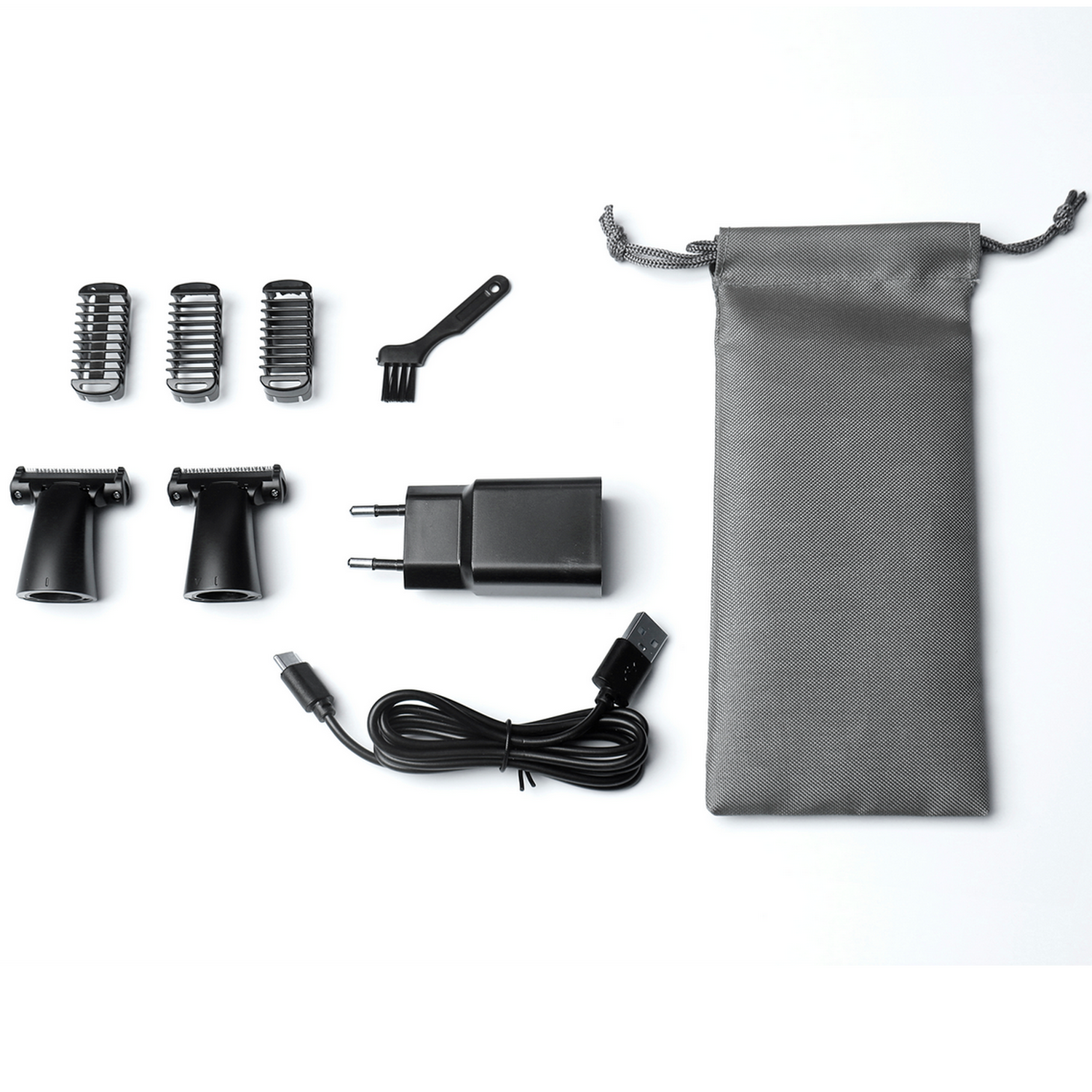 Various black grooming accessories: trimmer heads, brush, charger, and a gray travel pouch.