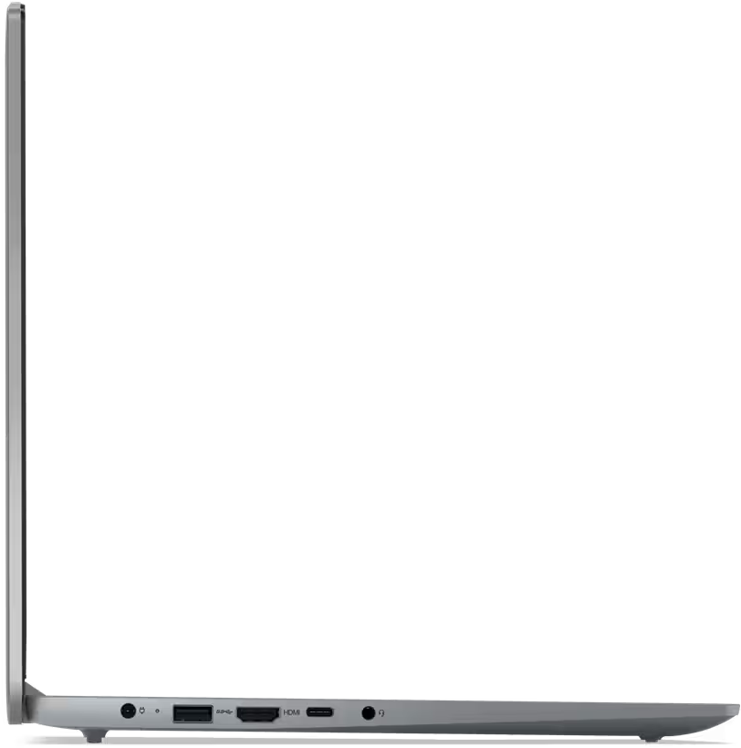 Seitenansicht eines Laptops mit schwarzem Bildschirm und hellgrauem Gehäuse.