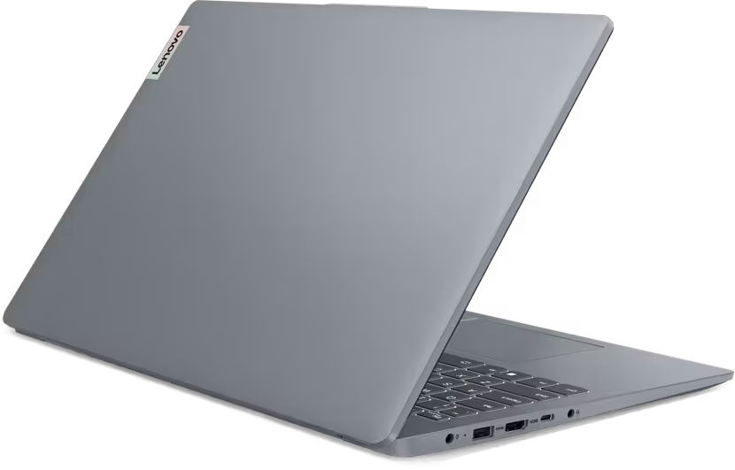 Grauer Laptop, Rückansicht, leicht geöffnet.
